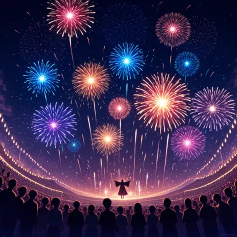 Fireworks festival at night, a large silhouette crowd watching colorful explosions in the sky, vibrant bursts of light illuminat...