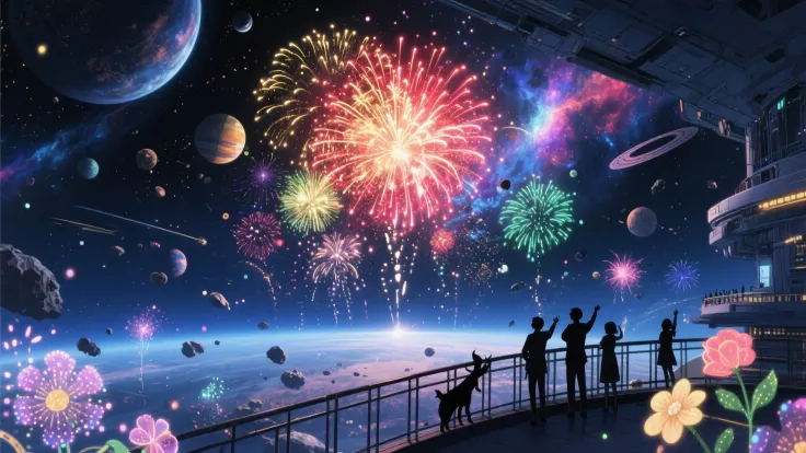 anime style,  
vast deep space filled with colorful nebulae and distant galaxies,  
enormous fireworks exploding like supernovas...