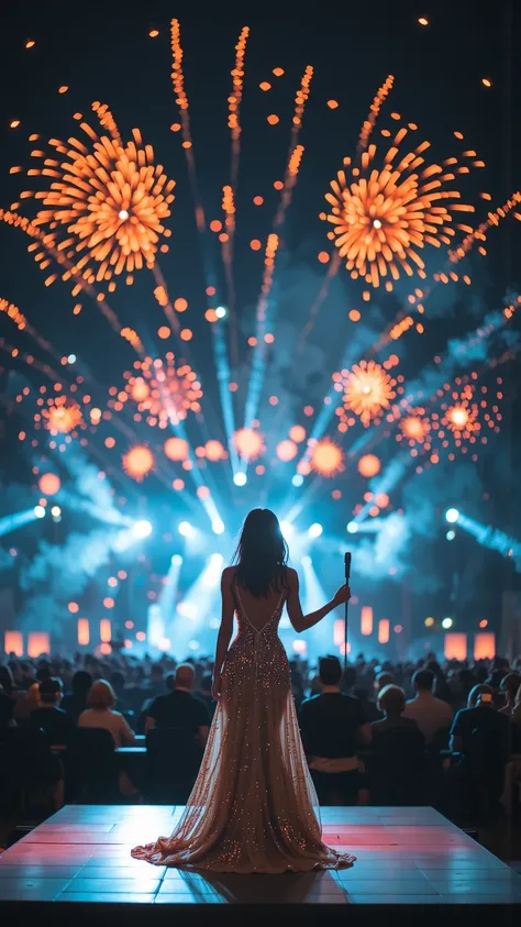 A huge outdoor concert hall, A charming female singer in a sexy minidress with sparkling sequins, An elegant hand gesture with a...