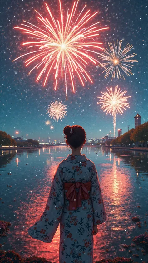 (masterpiece,Highest Quality:1.4),(8k,raw photos,like the picture:1.2)、Hokusai style、one woman、yukata、Back view、 Fireworks、Sumid...