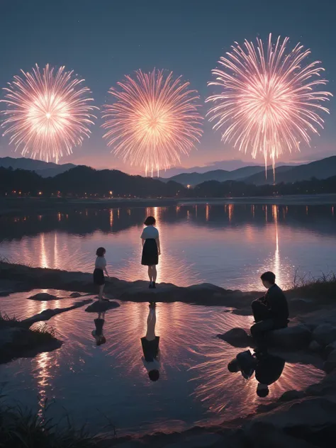 Amazing fireworks show next to a lake.