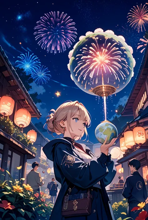 masterpiece, Highest Quality,  Fireworks, dark night with mold, fantastic atmosphere holding a globe, starry sky, Light trail, m...