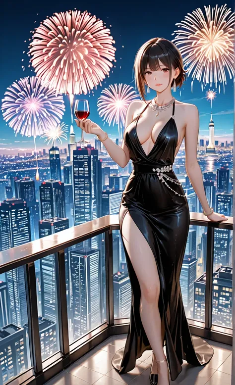 short-haired elegant woman in luxurious evening gown, holding wine glass, standing on skyscraper balcony, vibrant fireworks over...