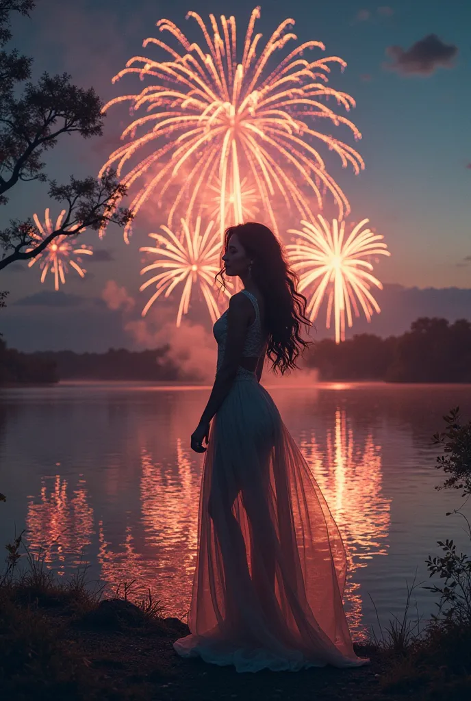 Silhouette of a pretty woman in the foreground with transparencies watching a fireworks display reflected in a lake