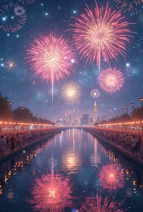"anime style, night sky filled with colorful fireworks, reflections on water, happy crowd watching, detailed city skyline in bac...