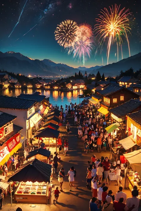 large festival crowd, dozens of people, colorful fireworks in night sky, summer evening, lakeside celebration, vibrant reflectio...
