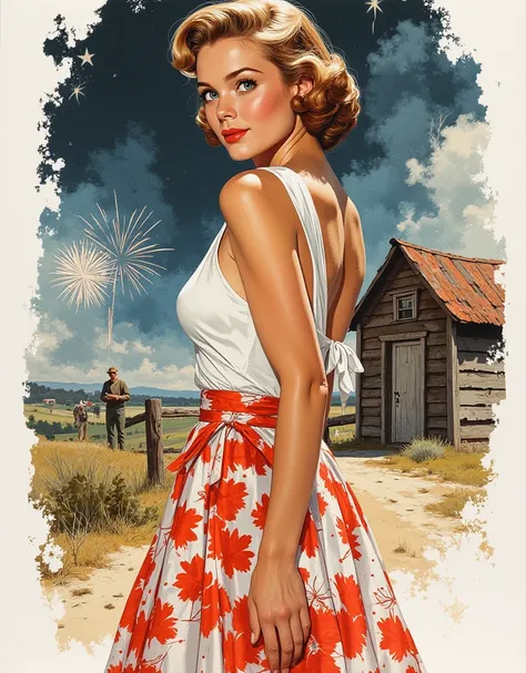 1950s watercolor , caneta e tinta, Grace Kelly, 25 anos, with retro fashion, estilo pin-up, representation of rural life, light ...