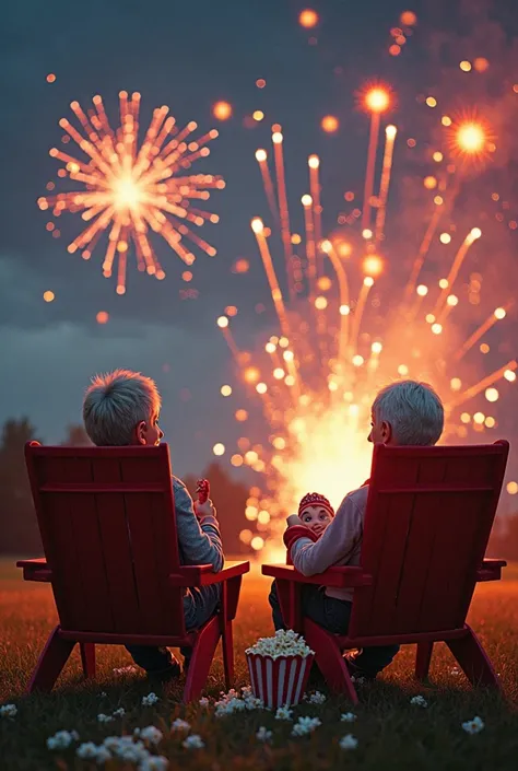 Humorous. Families of fireworks with human like faces sit in lawn chairs eating popcorn watching the show, the show is humans be...