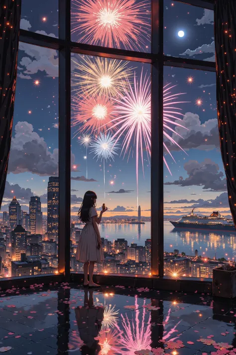 Perfect masterpiece，Ultra HD art， A girl in a light-colored dress stood in front of the floor-to-ceiling window of a skyscraper....