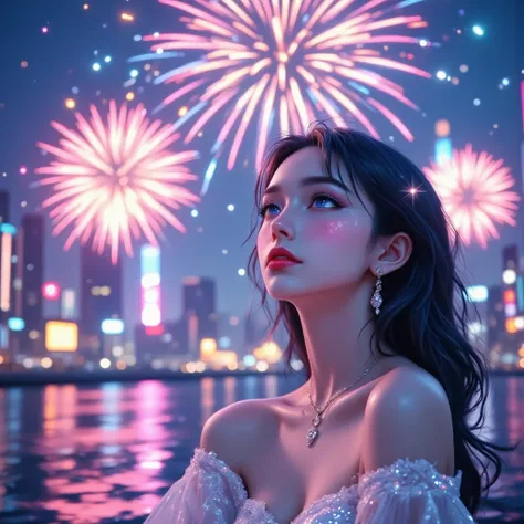 Young woman admiring colorful fireworks in the night sky, wearing light dress that dances in the wind, expression of enchantment...
