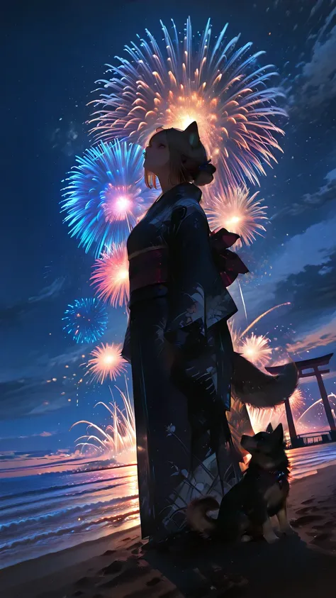 Guardian Lion-dog Girl stands in the sea, looking up at the night sky , A lovely girl with dog ears and a tail , kimono , Firewo...