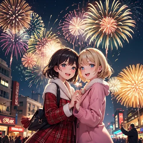 New Year, Fireworks, happy people in the streets, joyfully celebrates
