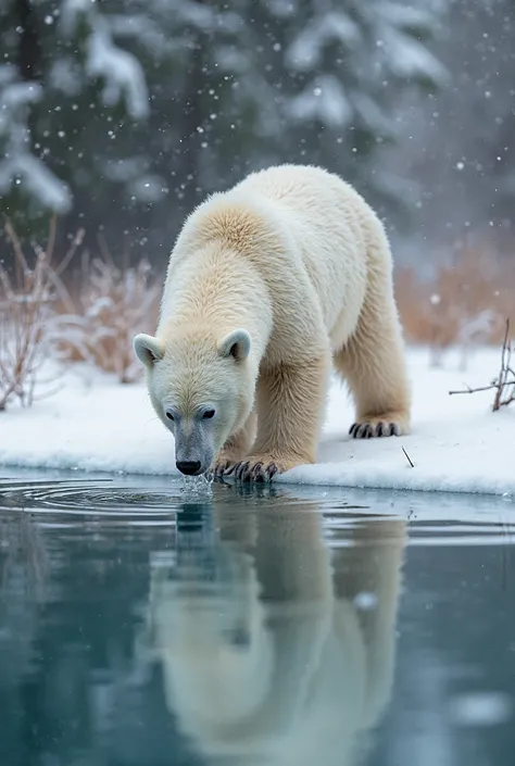 A fluffy snow bear walks slowly along the edge of a crystal-clear water lake, soft snowflakes falling gently. The background sho...