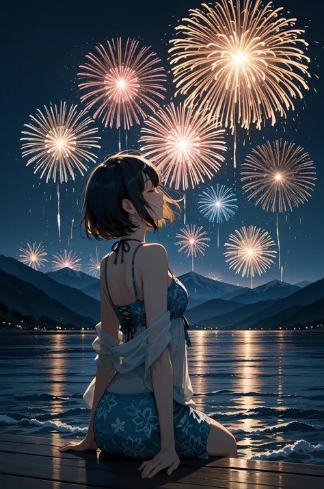 very detailed, high quality, masterpiece, beautiful, night, (Dark Environment), Mountain, water,(( Fireworks)), summer,