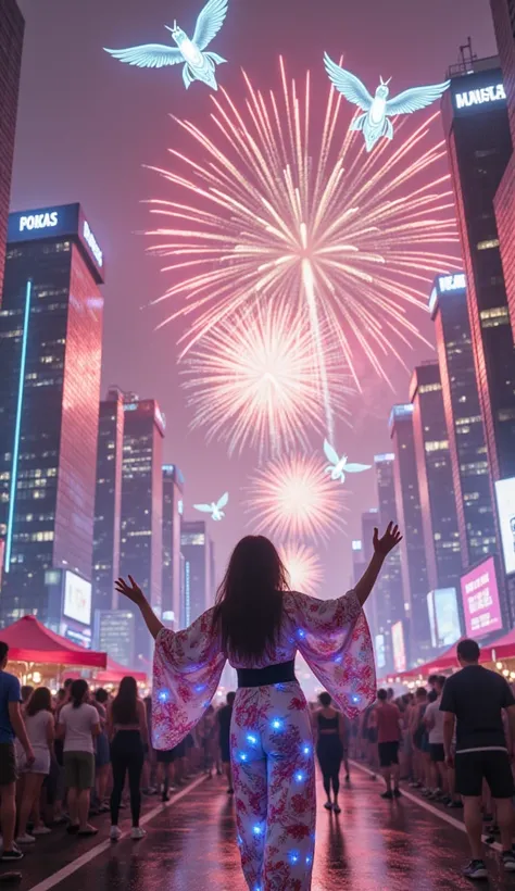 "In a neon-drenched cyberpunk city, a Fireworks Festival takes place with synchronized drone fireworks exploding above chrome sk...