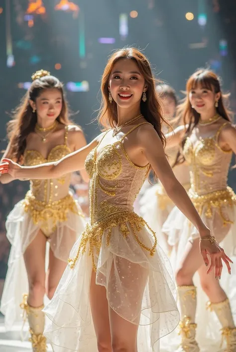 Video of 5 older idol girls in gold and white costumes dancing a choreography with quite a few movements 