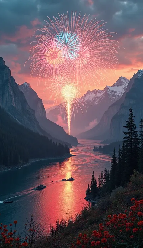 A spectacular fireworks display bursting over a serene mountain range and winding river at twilight. The sky is alive with vibra...