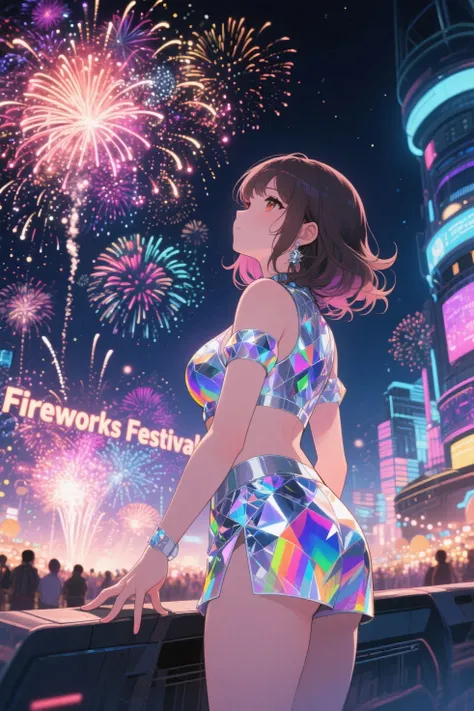 a futuristic sci-fi "Fireworks Festival" a night lit up by fireworks in full bloom, beautiful and colourful fireworks explosions...