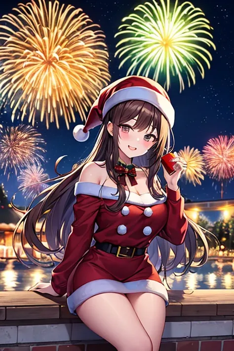 Christmas and fireworks display with Pretty Santa Claus
