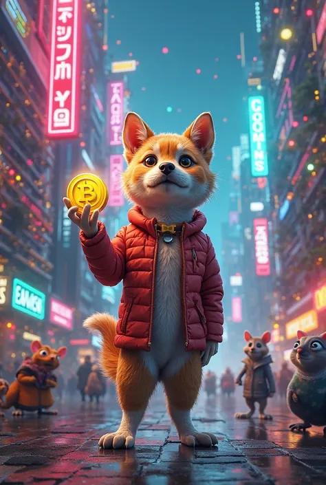 A crypto city where eveey meme pets like: dog, cats frog, rats and birds live. create meme image of a dog  with the face of cat ...