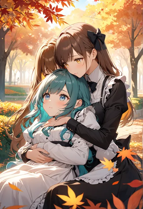 A softly lit digital illustration in a tender anime style, set in a beautiful park in Bangkok during the autumn season. Two youn...