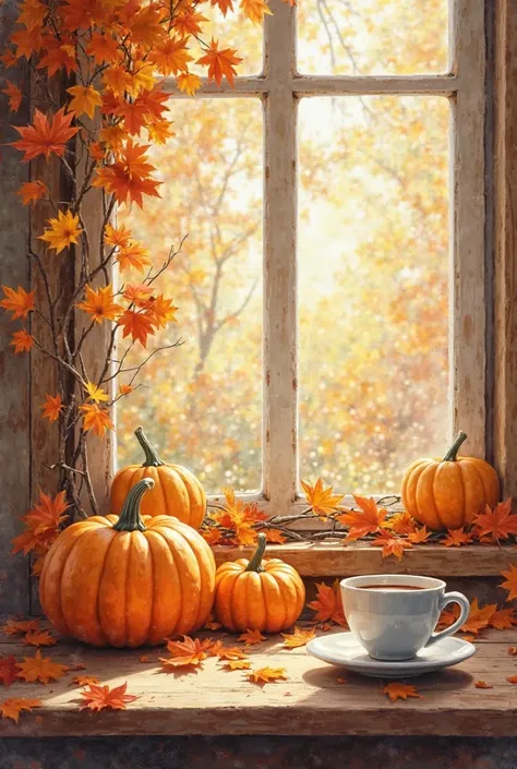 Cozy autumn interior with pumpkins, autumn leaves, a cup of coffee on a rustic wooden table, warm sunlight streaming through the...