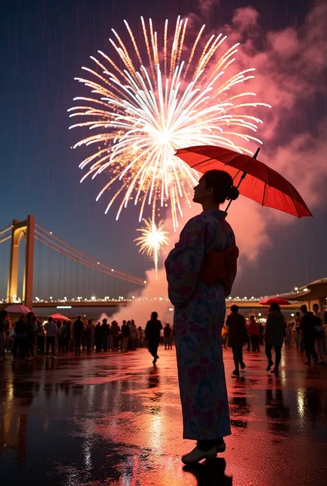 fireworks filling the half of sky, spectacular fireworks finale in rain, three colorful massive starmines explosion in higher th...