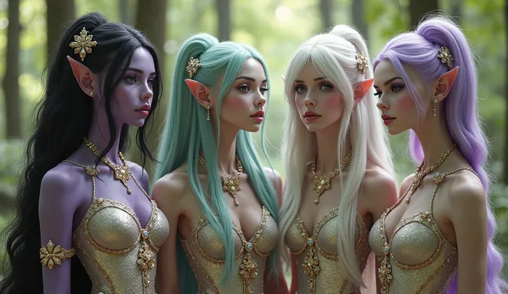 Four young beautiful alien women, each has a soft natural beauty, standing together in a lush forest with sunlight filtering thr...