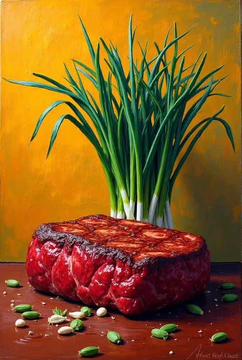 An artistic still life containing chives and steak in Van Gogh style