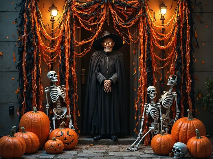 “Halloween door covered in black and orange streamers, skeleton props, and a creepy witch figure, perfect for a contest entry.”
...