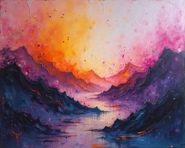 Emotional Explosion Canvas: [Raw Expression] Violent splashes of pure emotion transformed into abstract landscape, mountains eme...