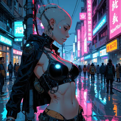 In a neon-lit, rain-slick cyberpunk street, a sleek, dangerous-looking courier leans casually against her hovering bike. Her hea...