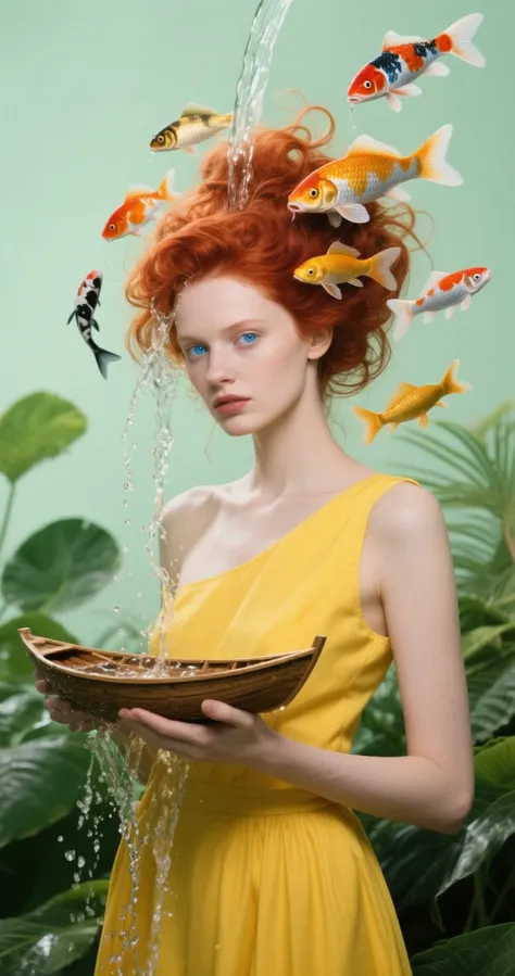 Red-haired woman with blue eyes in a yellow dress, on a light green background, exotic green foliage in the background. Multi-co...
