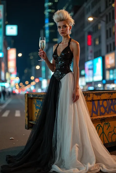 8K fashion photo shoot, spectacular half-platinum hairstyle, half black, model in a black and white two-tone evening dress: on o...