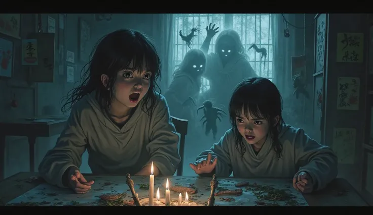 .SEANCE Japanese Horror Movie shouting horror gates zombies or girls with knifes boys midnight room or writnig tittle in picture