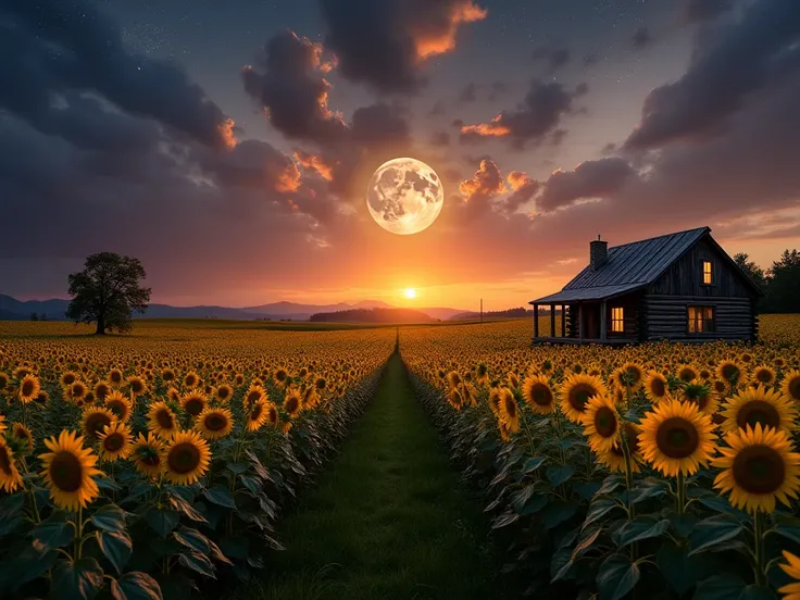 extensive field of sunflowers in bloom under a spectacular twilight sky, rustic wooden cabin in the distance emitting a warm and...