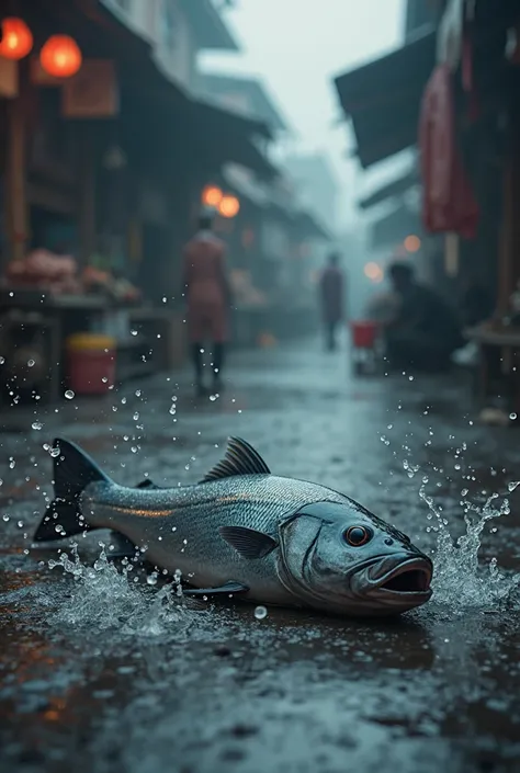 > Create a vertical background image for a short news video, size 1080x1920. The scene should focus on a fish lying on the groun...