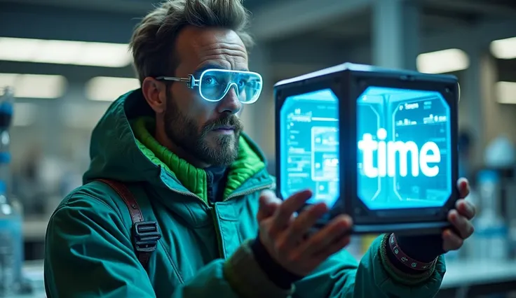 A male scientist wearing retro futuristic glasses is crazy in a sci-fi outfit (purple iron frame and green cloth part), holding ...