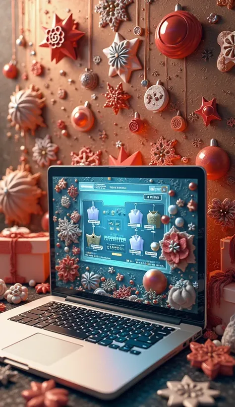 Visual collage with, essences, Tags, molds, decorative packaging and an open laptop showing an online store.
