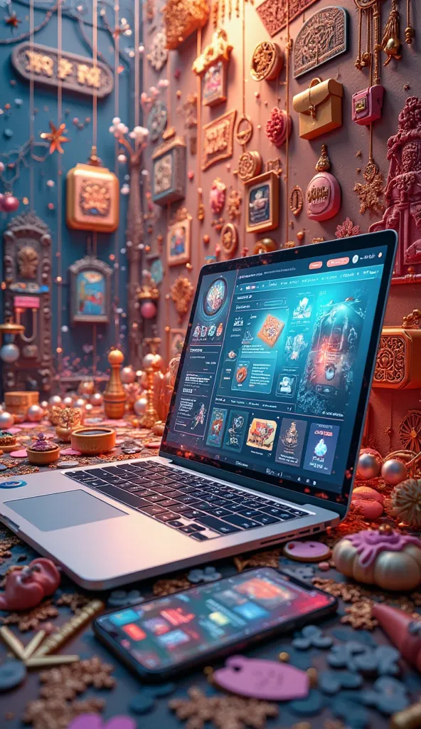 Visual collage with, essences, Tags, molds, decorative packaging and an open laptop showing an online store.