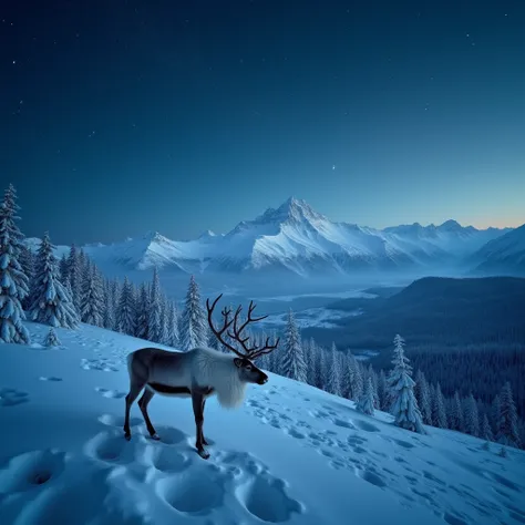 Northern white reindeer, in a fairy tale world, breathtaking panoramic view of arctic wilderness, cinematic wide shot from above...