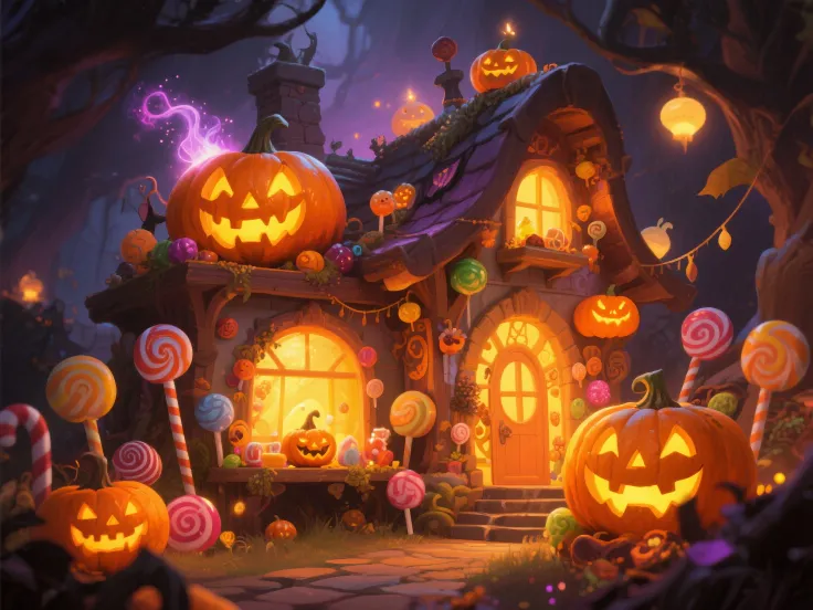 halloween、using magic、Jack-O-Lantern Decorations、Candy House、masterpiece、Highest Quality