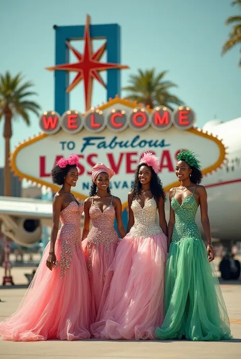4 BLACK LADIES WEARING  FANCY GOWNS   WITH WHITE PEARLS   AND HEELS IN PINK AND GREEN COMBINED WITH FANCY HATS GETTING OFF AIRPL...