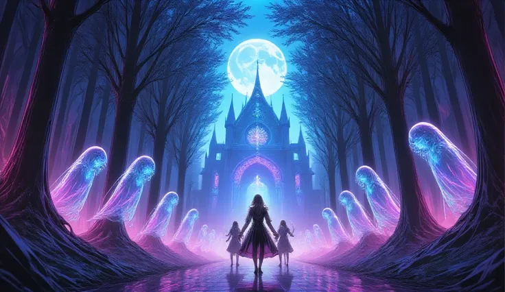 A ghostly orchestra performing in a dark, misty forest, surrounded by ethereal ghosts playing instruments, full moon illuminatin...