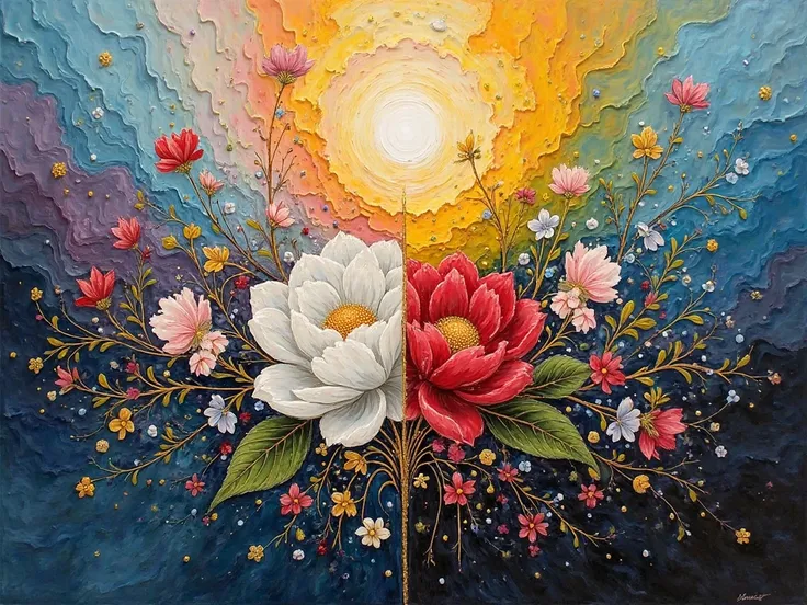  Create an abstract oil painting  , representing the origin of life from four elements .  Use an expressive explosion of colors ...