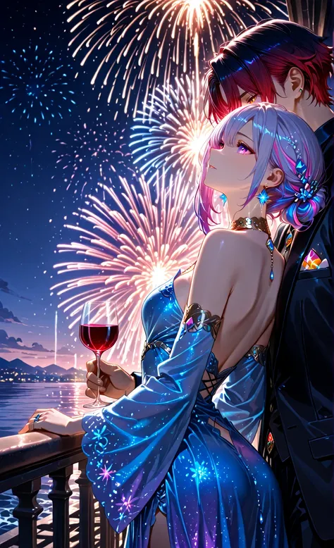 An illustration focused on wine.
On a night illuminated by moonlight, a woman leans her back against the balcony railing, tiltin...