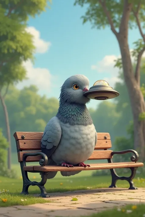 Make a pigeon with a UFO trunk sitting on a bench