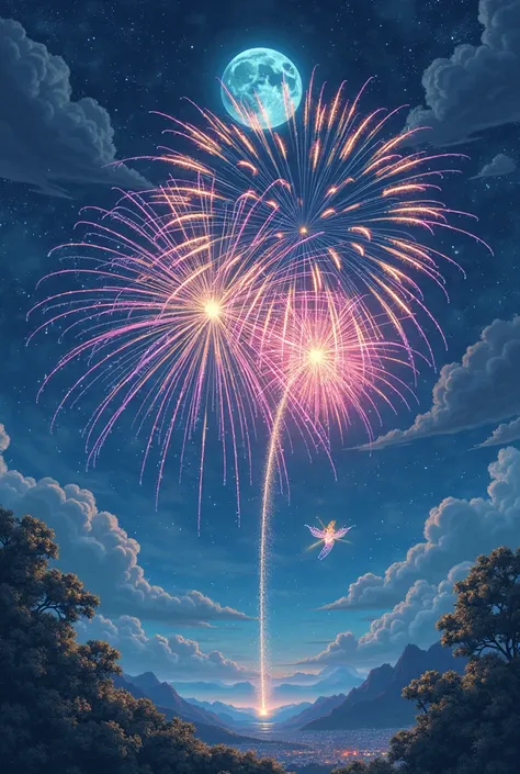 A scene where beautiful shakudama fireworks are blooming in the night sky where the moon can be seen at the top、and a small, gli...