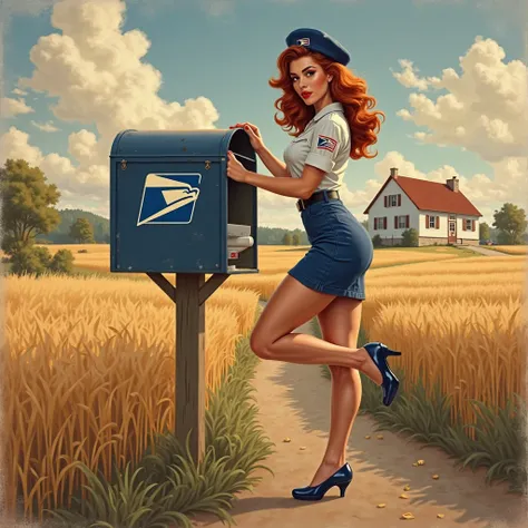 Gil Elvgren style pin-up of a female mail carrier in a USPS uniform exposing her leg at the mailbox of a farmhouse, 50s style ru...
