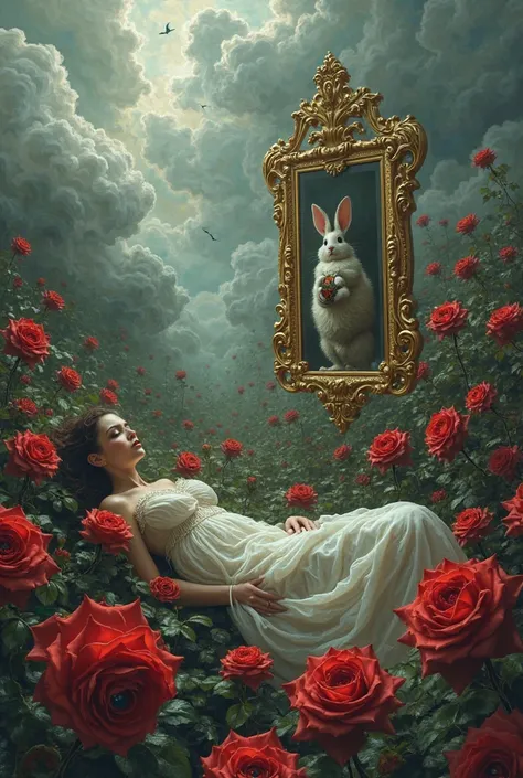 create a garden with red roses with eyes inside, a woman lying down from the sky with gray clouds surrounding, and a golden mirr...